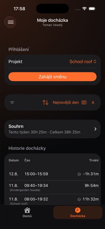Přehled vlastní docházky a historie směn