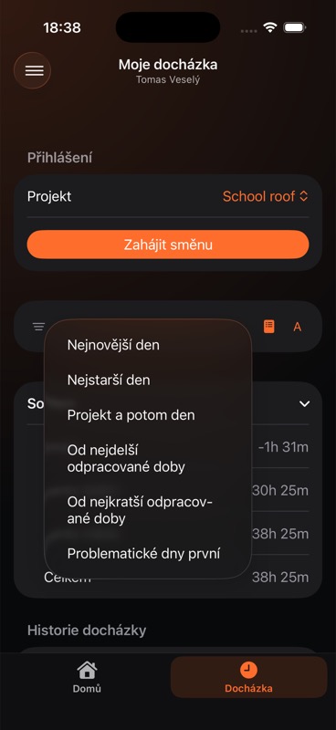 Volby řazení historie docházky