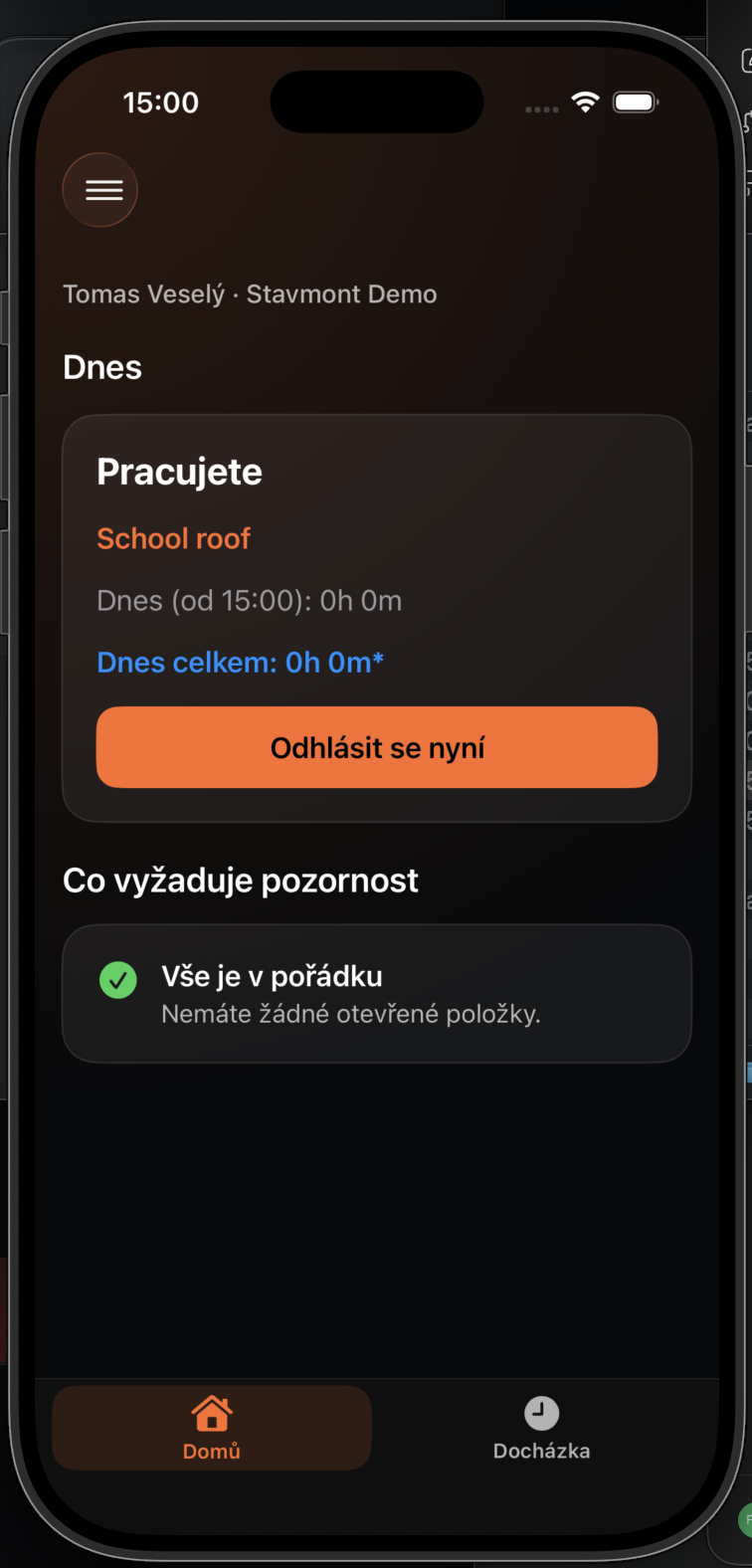 Aktivní směna s tlačítkem pro ukončení práce