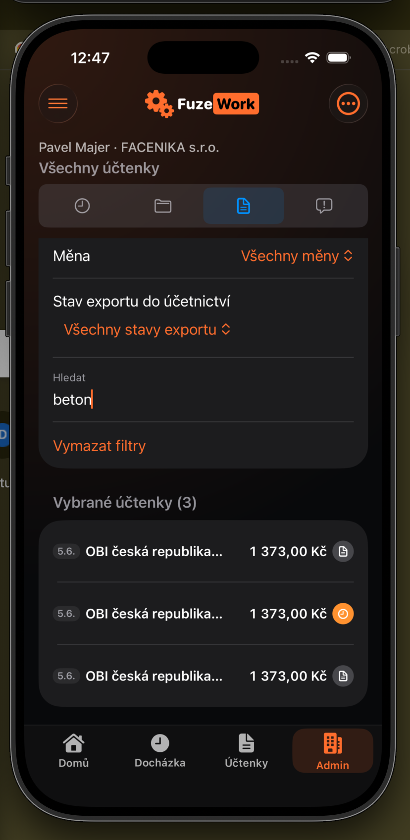 Пошук чеків, що містять позицію бетон