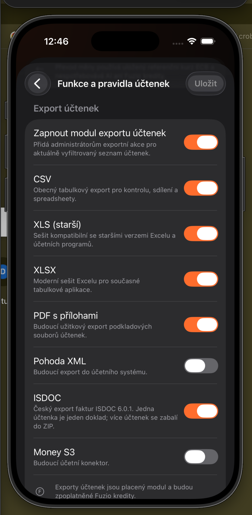 Nastavení modulu a povolených formátů exportu účtenek