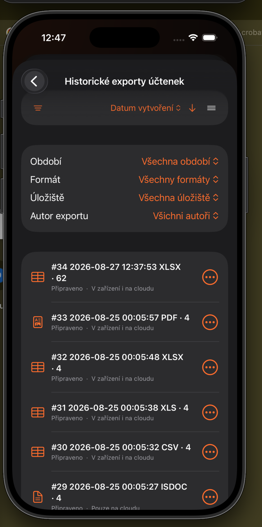 Historical export filters for period, format, storage, and author