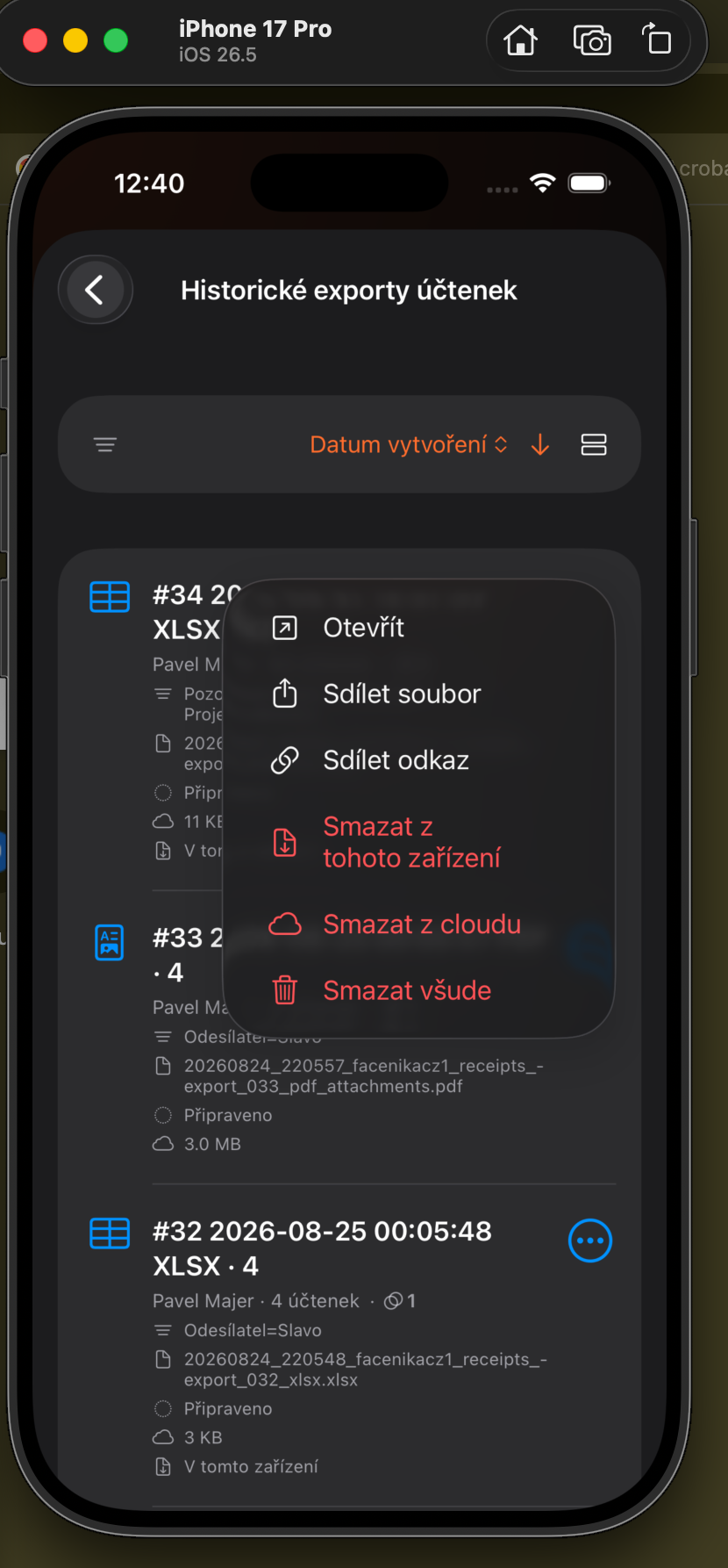 Open, share, and delete actions for a historical export