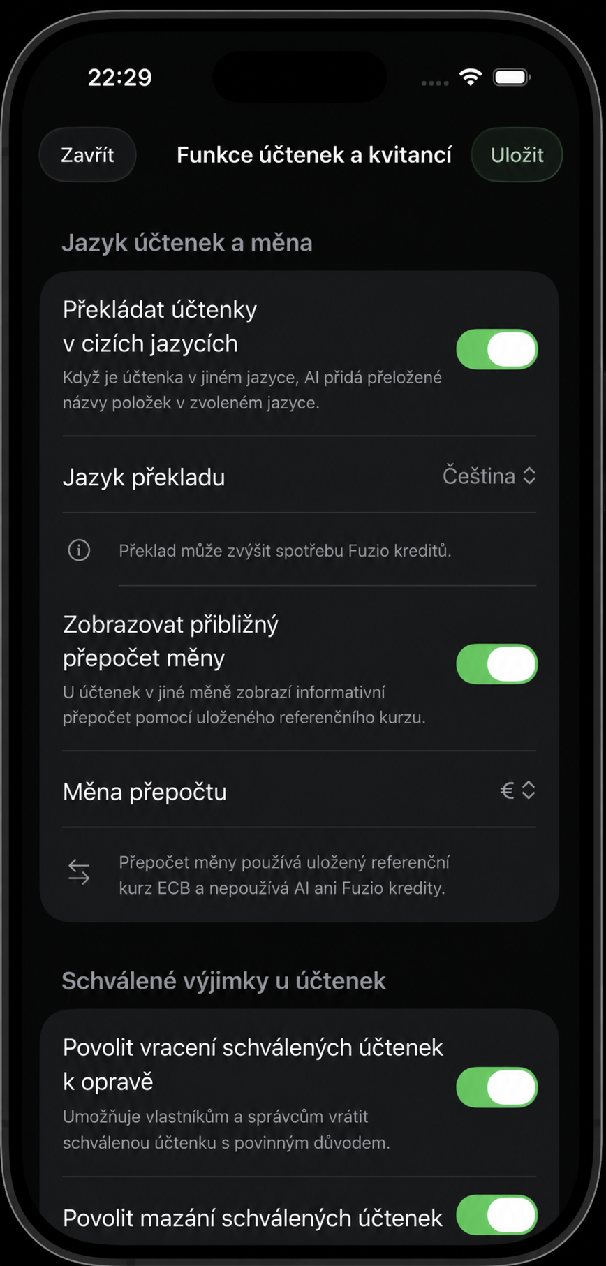Nastavení překladu účtenek a orientační měny