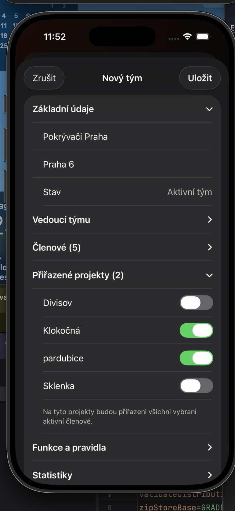 Výběr projektů přiřazených týmu