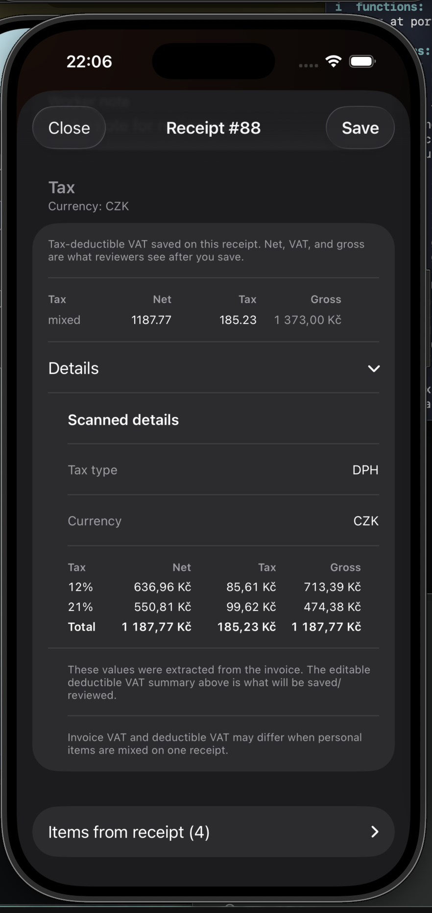 AI-analyzed receipt with details, tax, and line items