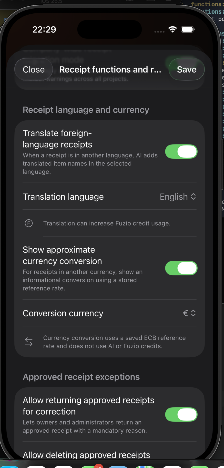 Receipt translation and reference currency settings
