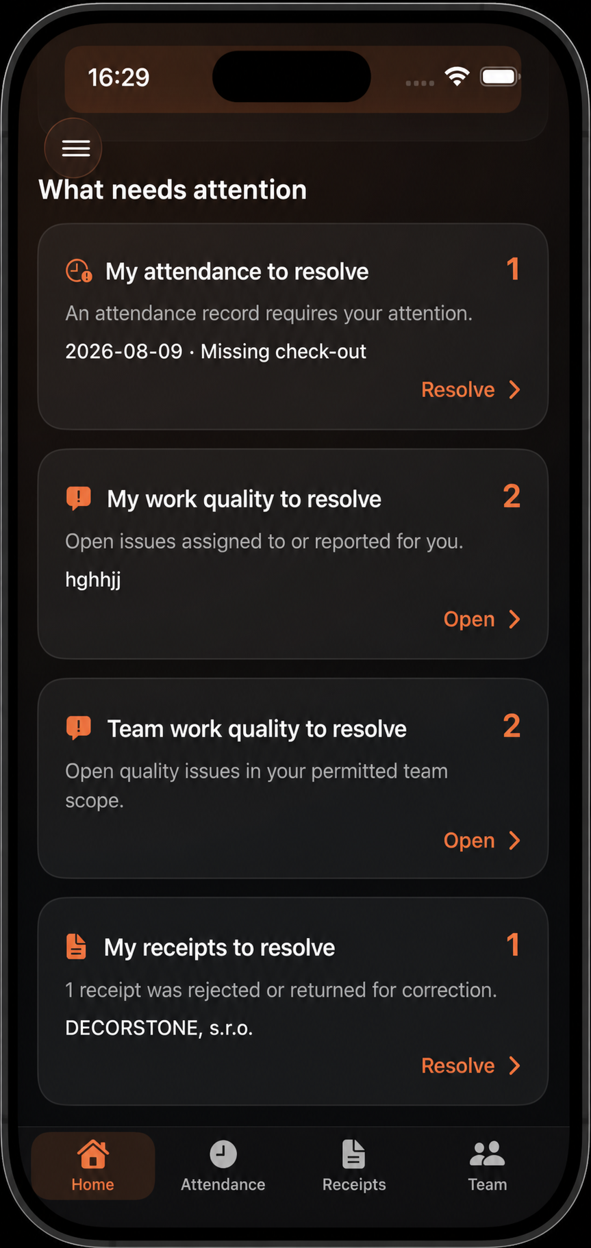 Personal and team attention cards