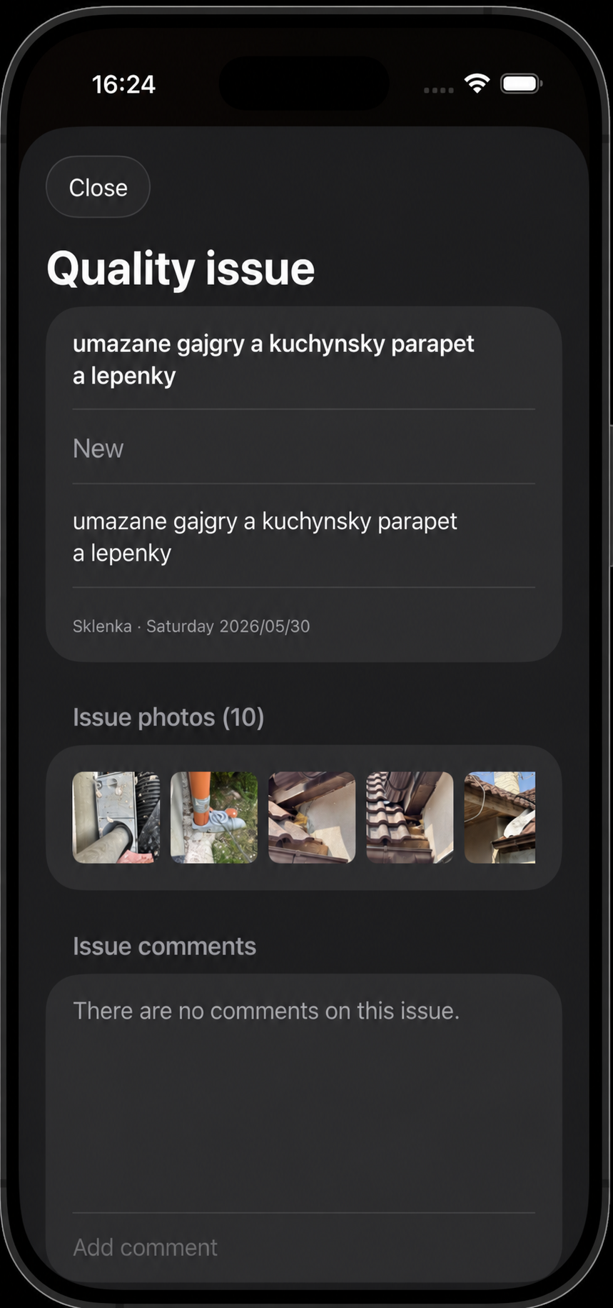 Quality issue detail with photos and comments
