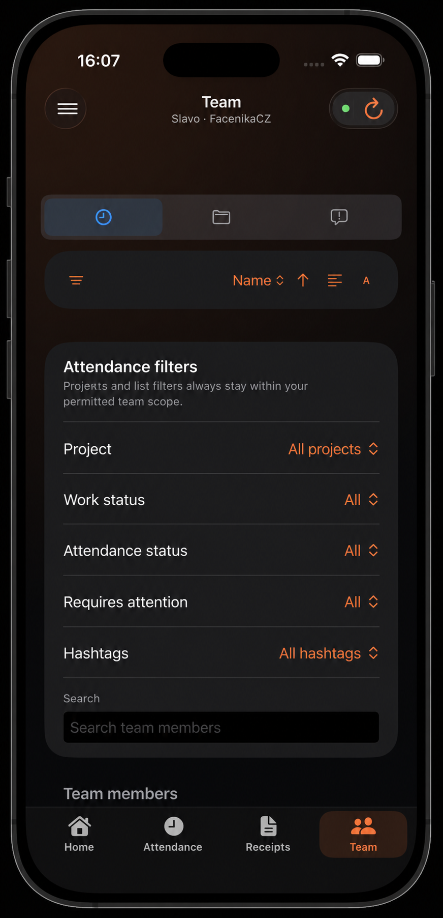 Team member filters and name search