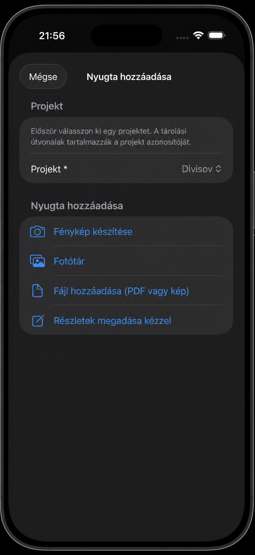 Új nyugta hozzáadása a plusz gombbal