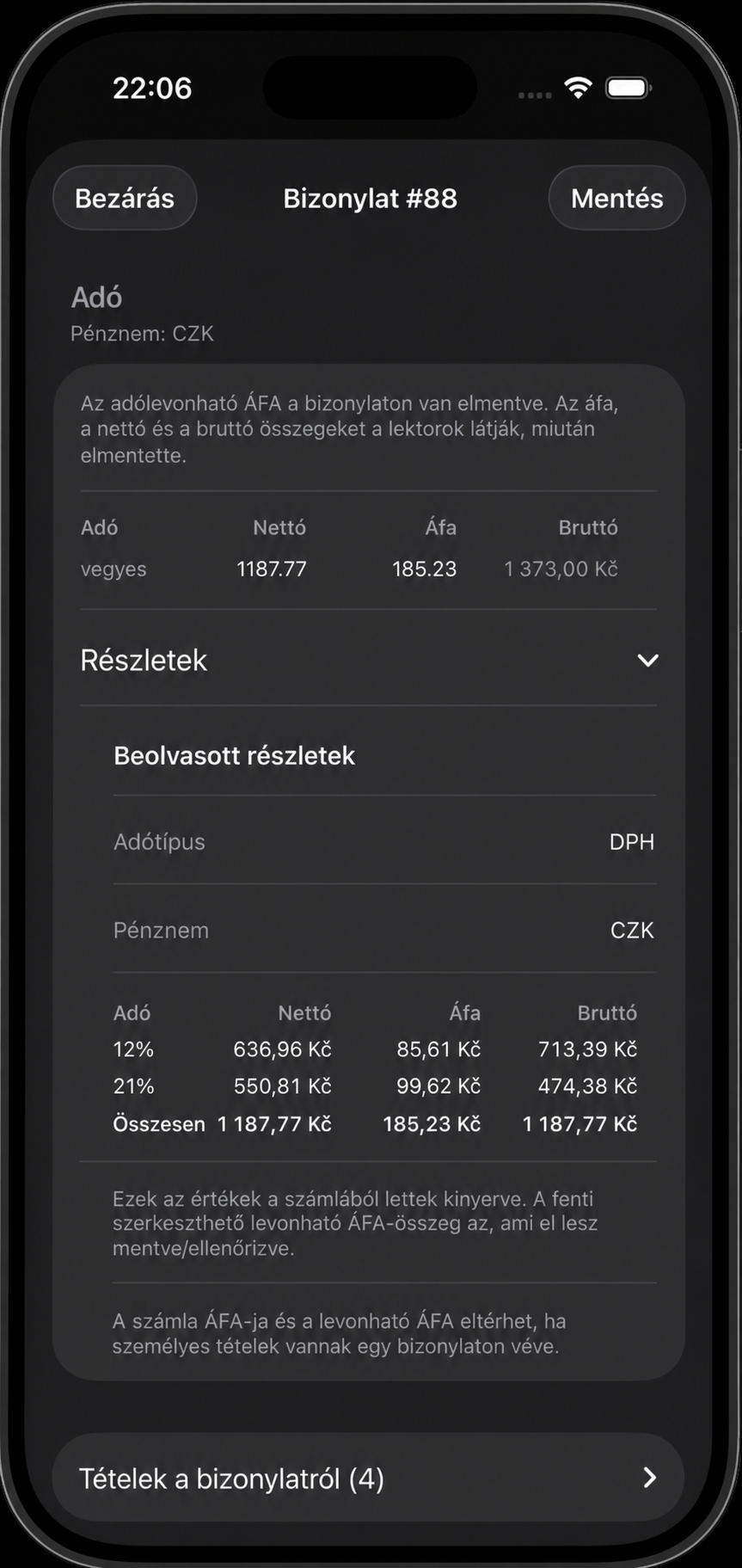AI által elemzett nyugta adatokkal, adóval és tételekkel