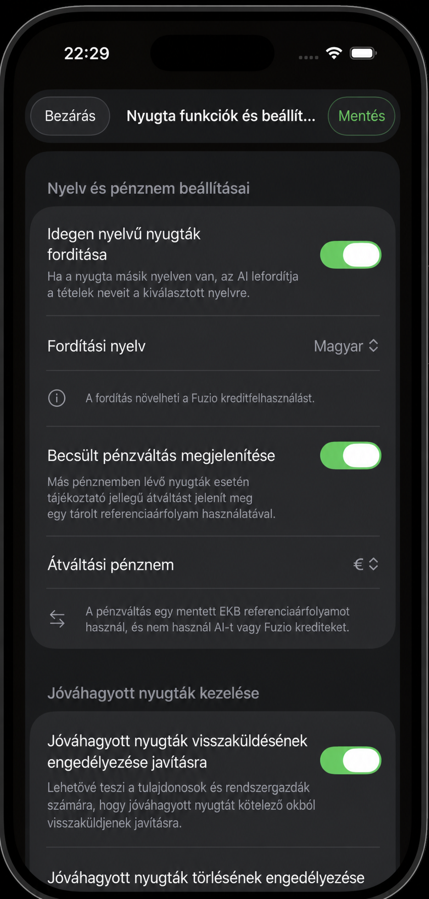 Nyugtafordítás és pénznem beállításai