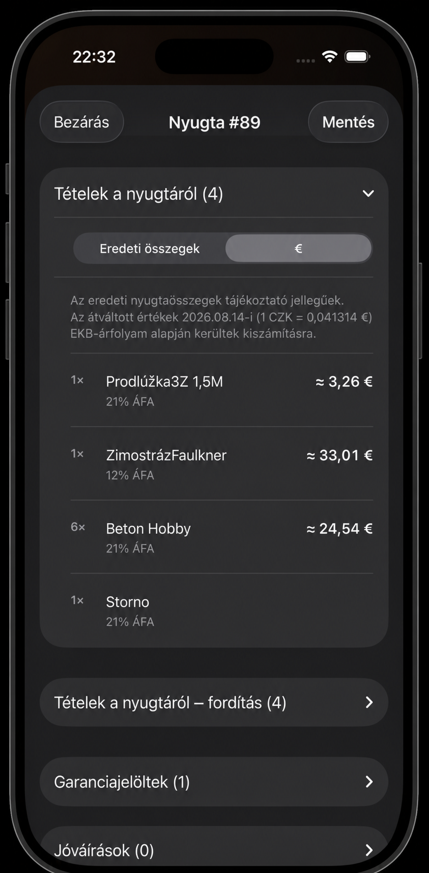 Nyugtatételek euróra átszámítva