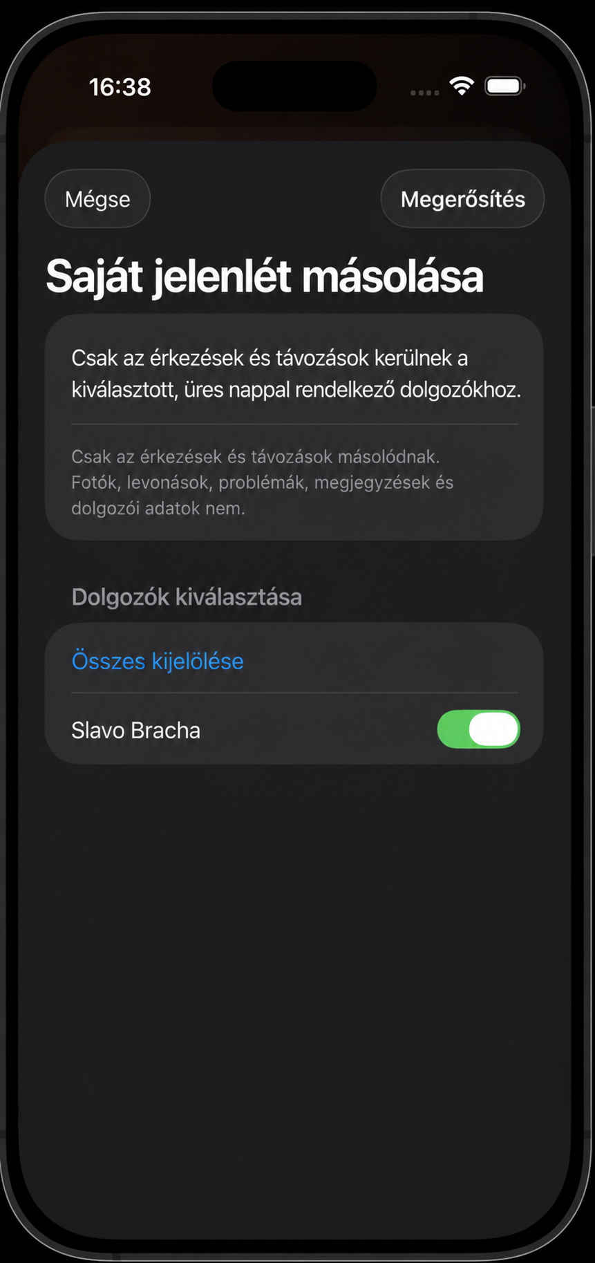 Kollégák kiválasztása a jelenlét másolásához
