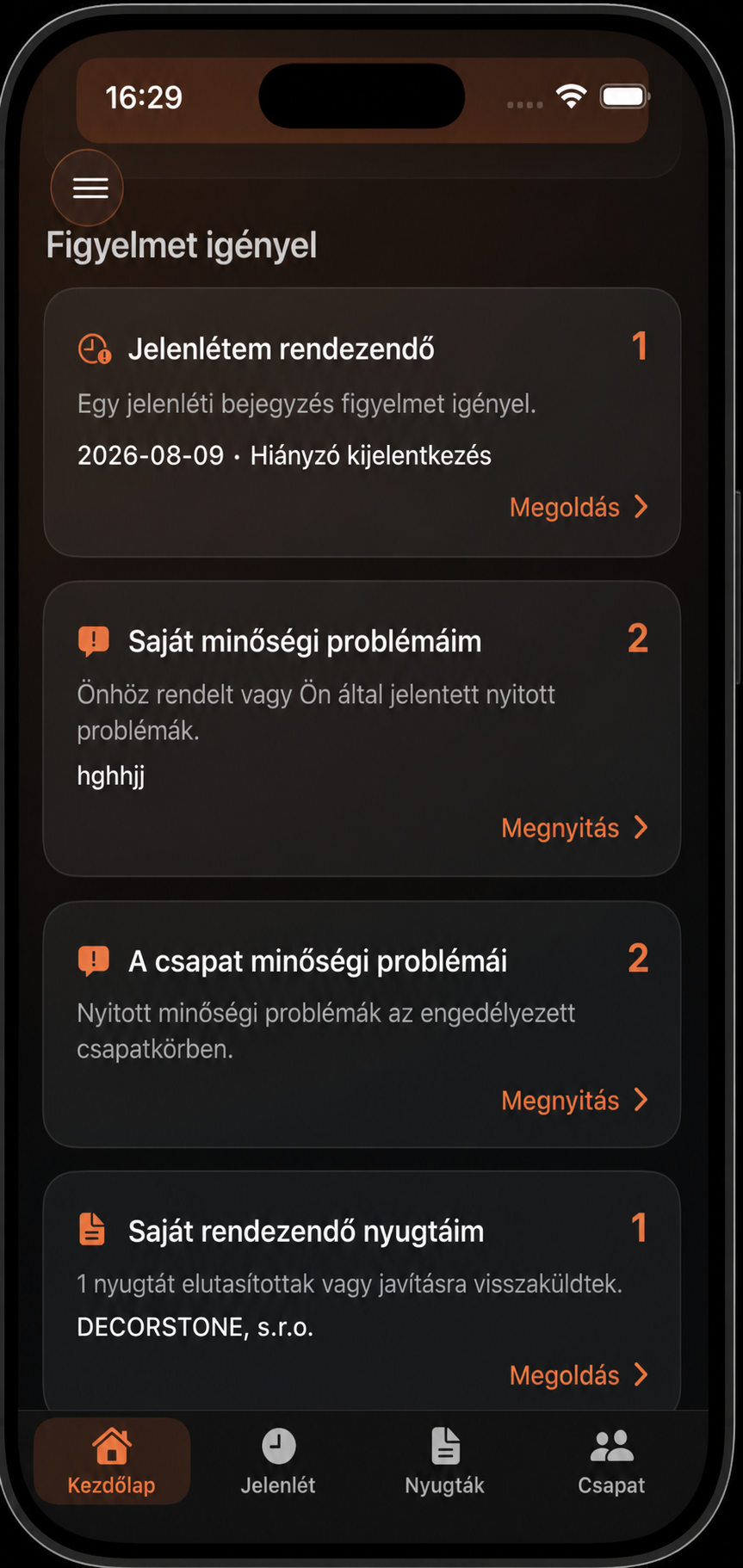 Saját és csapatszintű figyelmet igénylő kártyák