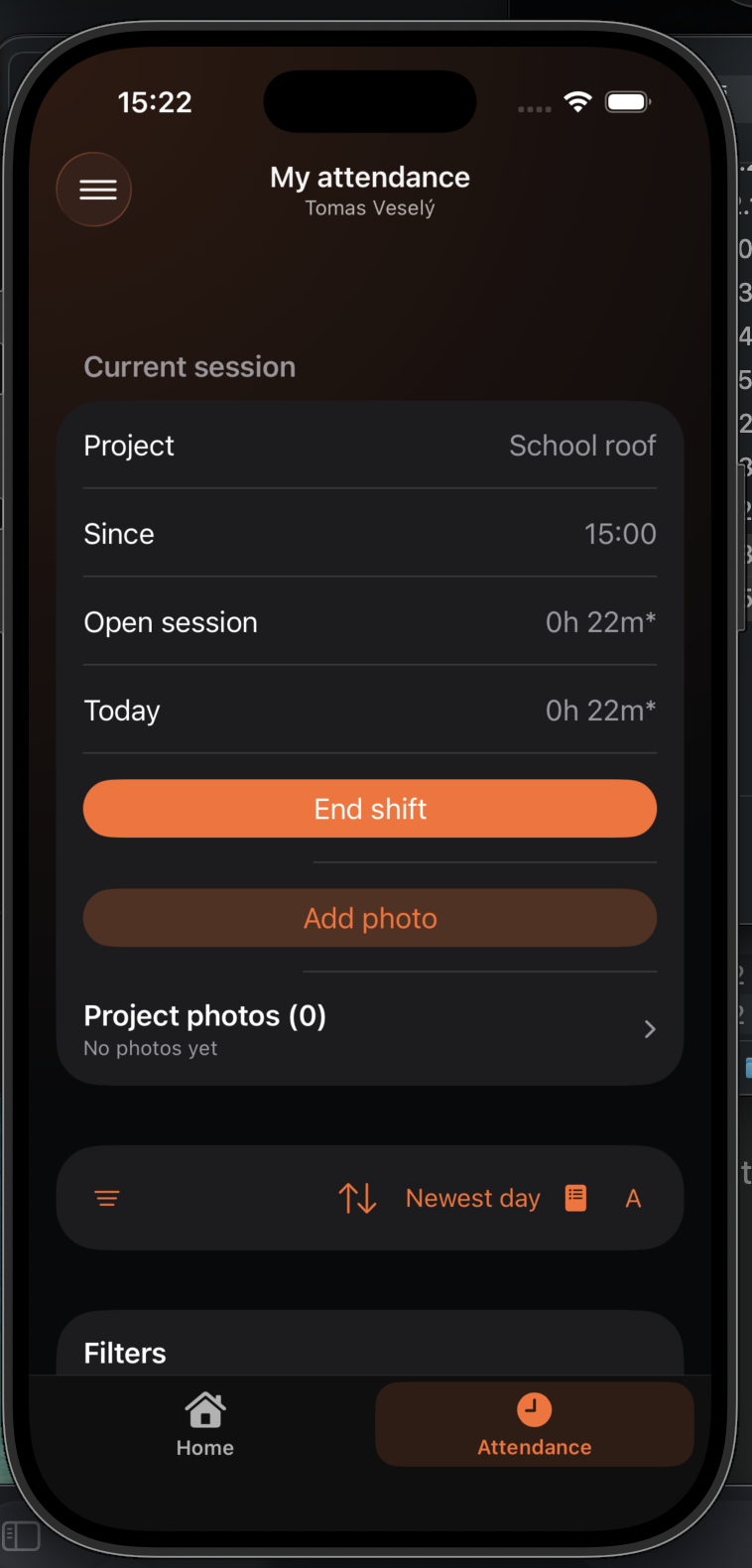 Přidání projektové fotografie během aktivní směny