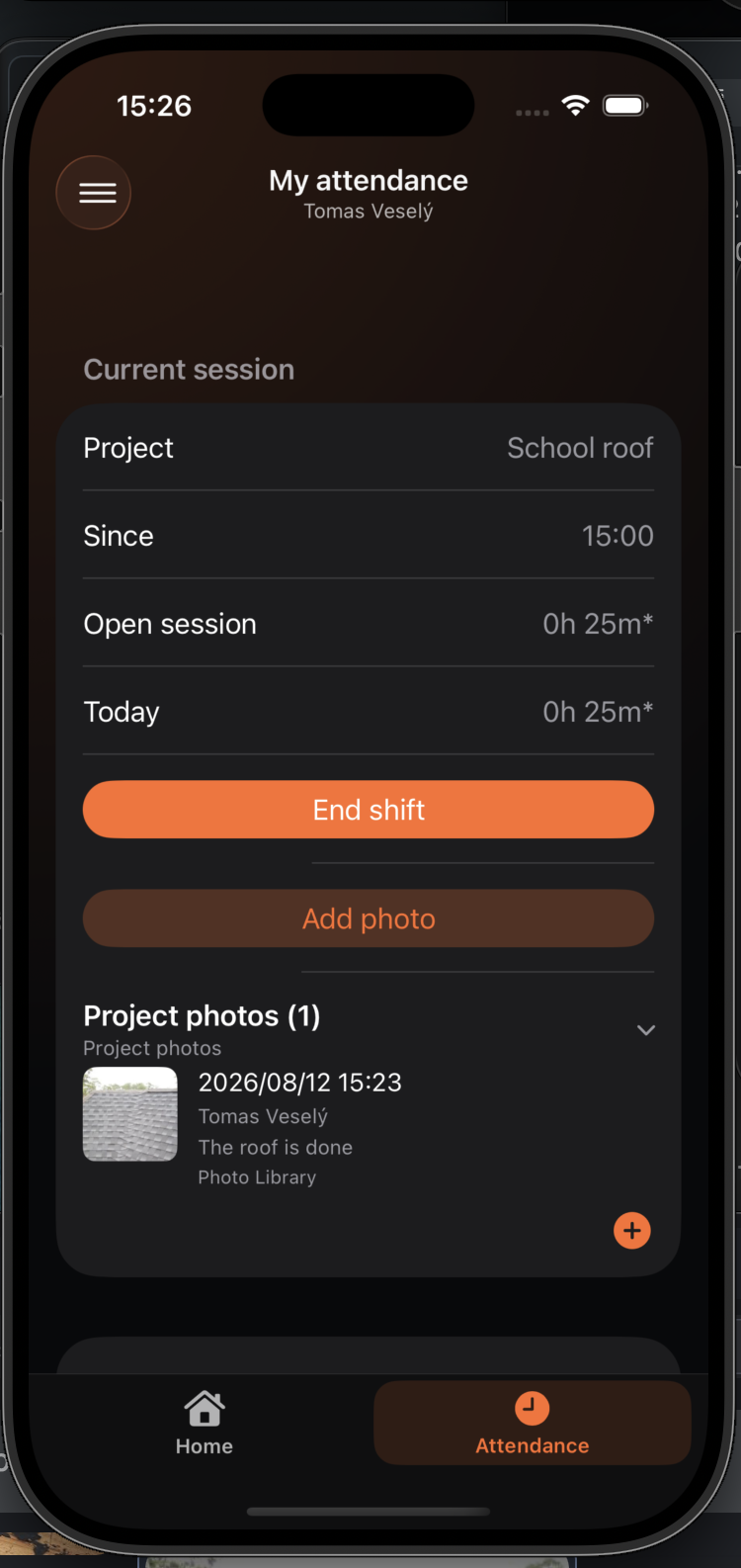 Aktivní směna s uloženou projektovou fotografií