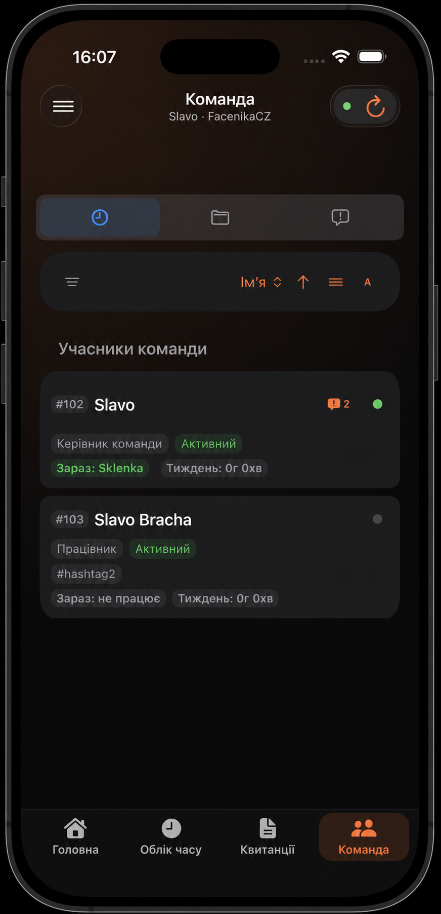 Список команди з позначенням тих, хто зараз працює